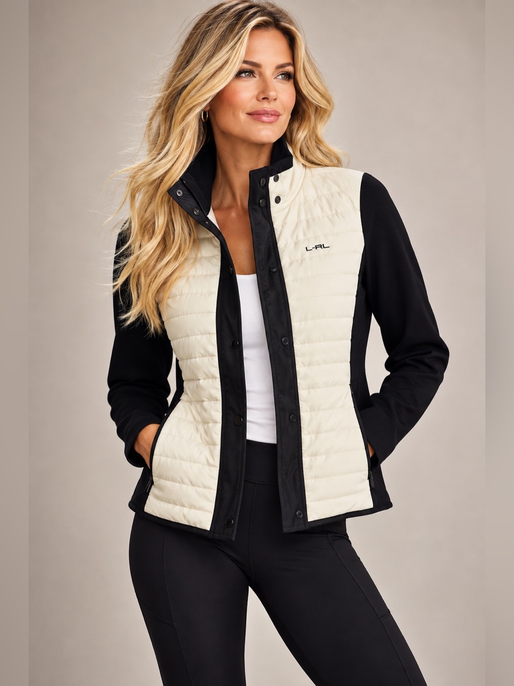 Lauren Ralph Lauren Two-Tone Puffer Jacket - Cream & Black M